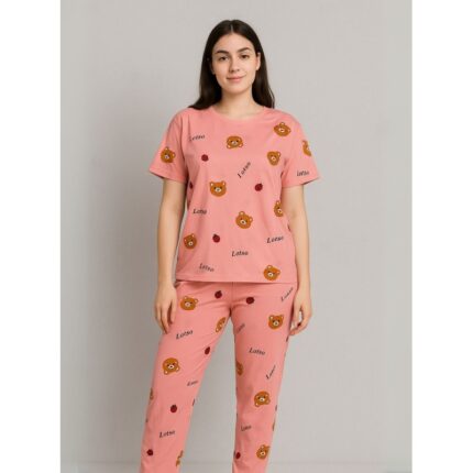 بيجامة ستاتية لون زهري اشكال ملون بنطلون وبلوزة نص كم