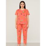 بيجامة ستاتية لون زهري اشكال ملون بنطلون وبلوزة نص كم