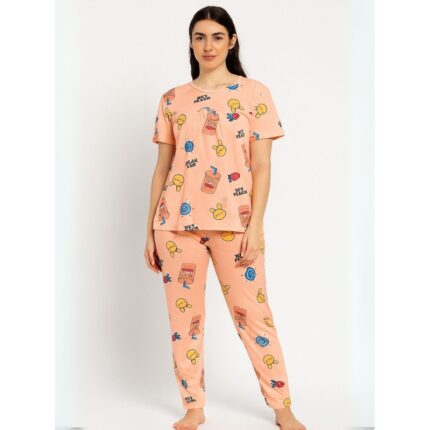 بيجامة ستاتية لون برتقالي اشكال ملون بنطلون وبلوزة نص كم