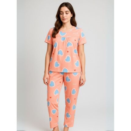 بيجامة ستاتية لون برتقالي اشكال ملون بنطلون وبلوزة نص كم