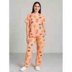 بيجامة ستاتية لون برتقالي اشكال ملون بنطلون وبلوزة نص كم