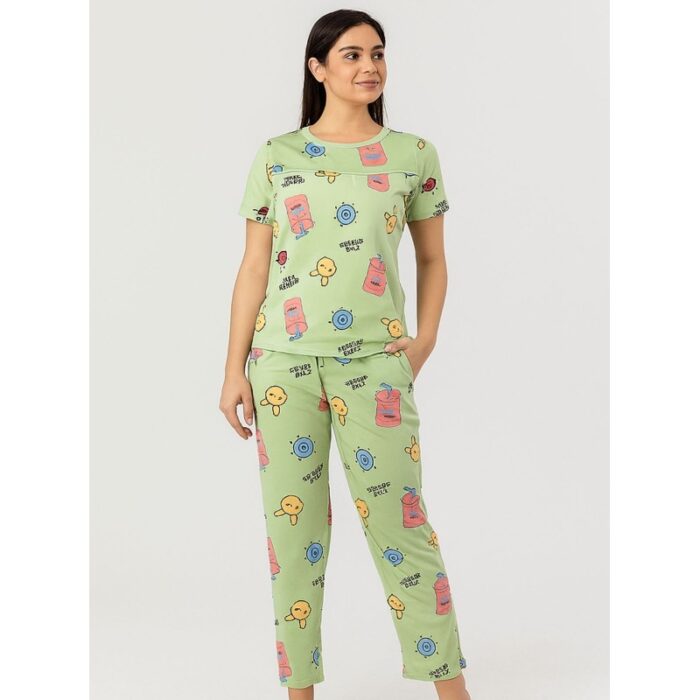 103386560_6878125a7b883 بيجامة ستاتية لون اخضر اشكال ملون بنطلون وبلوزة نص كم - الصورة 1