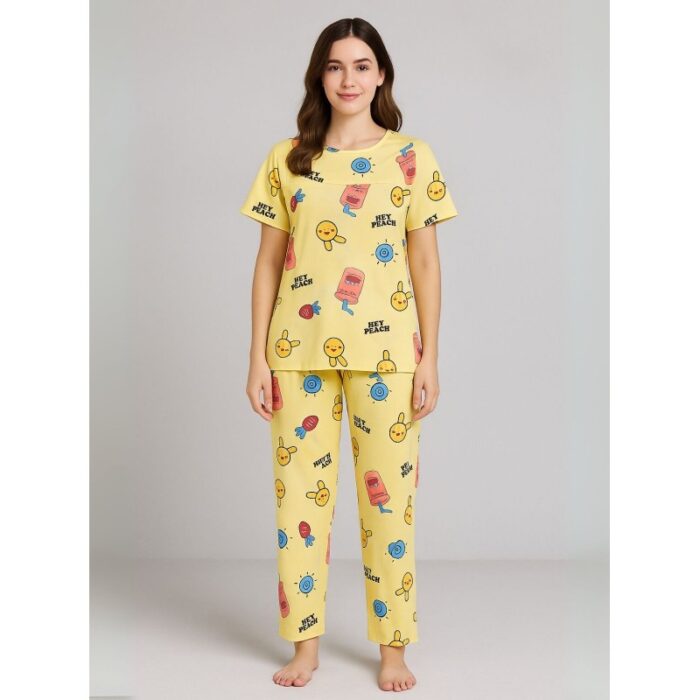 103386565_687812603cfd8 بيجامة ستاتية لون اصفر اشكال ملون بنطلون وبلوزة نص كم - الصورة 1