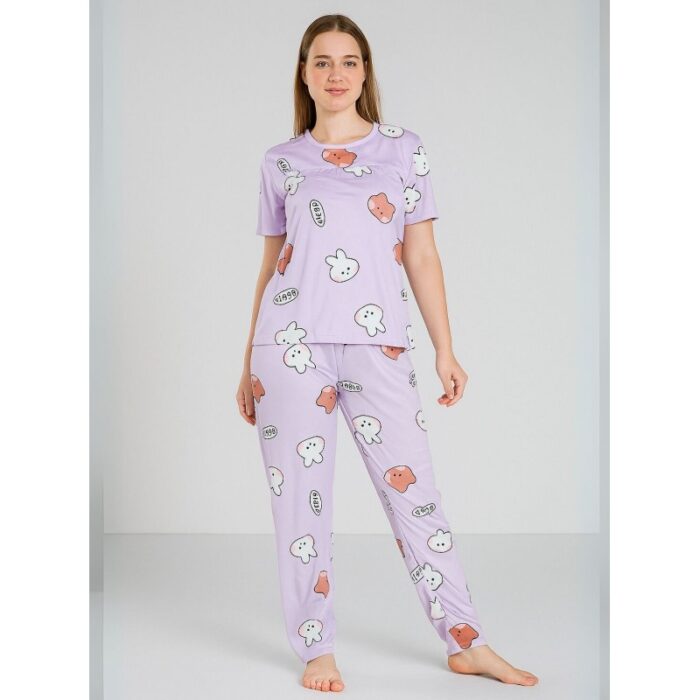 103386567_68781262801a6 بيجامة ستاتية لون بنفسجي اشكال ملون بنطلون وبلوزة نص كم - الصورة 1