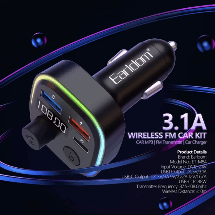 ⁦earldom m84 wireless fm car kit قطعة سبيكر وشحن سريع للسيارة⁩ - الصورة ⁦4⁩