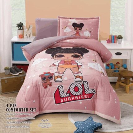 طقم لحاف صيفي (4 قطع) بتصميم لول حجم مفرد للأطفال لون زهري