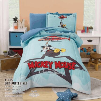 طقم لحاف صيفي (4 قطع) بتصميم مبكي ماوس حجم مفرد للأطفال لون أزرق فاتح