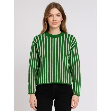 بلوزة صوف للنساء لون أخضر مخطط