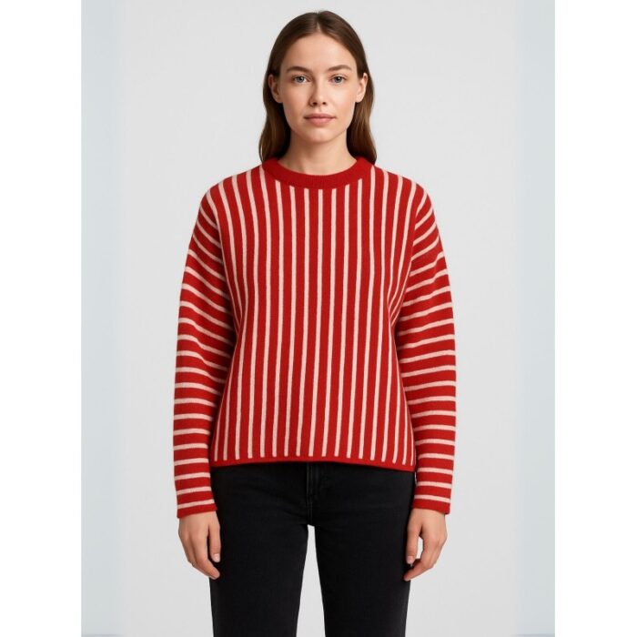 ⁦بلوزة صوف للنساء لون أحمر مخطط⁩ - الصورة ⁦1⁩