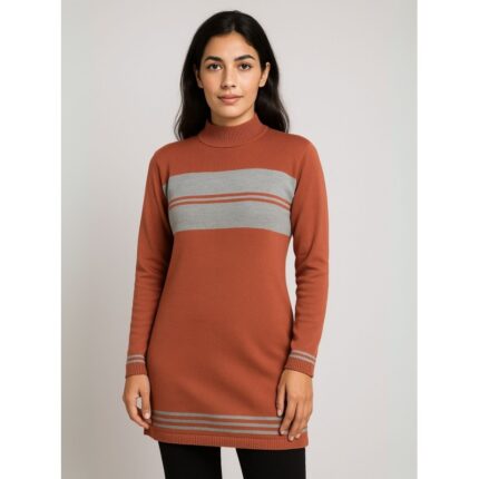 بلوزة شتوية طويلة للنساء لون بني ورمادي