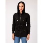 جاكيت شتوي للنساء مع طاقية لون أسود