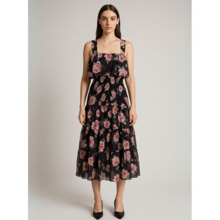 فستان طويل مورد للنساء لون أسود