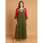 فستان بيتي للنساء طويل لون زيتي و أحمر