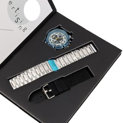 ساعة معدنية رجالية مع قشاط عدد 2 لون فضي