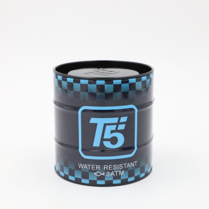 ⁦صندوق هدايا معدن شبابي للساعه شكل اسطوانه لون أسود بتفاصيل أزرق⁩ - الصورة ⁦2⁩