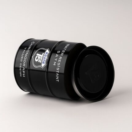 صندوق هدايا معدن شبابي للساعه شكل اسطوانه لون أسود وتفاصيل أبيض