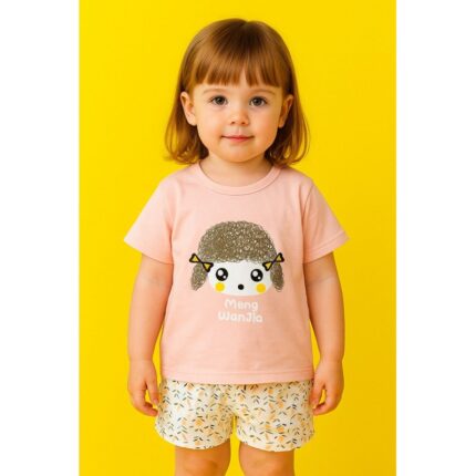 طقم قطعتين للأطفال لون مشمشي وأبيض