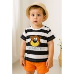 طقم قطعتين للأطفال لون أسود وأبيض وبرتقالي