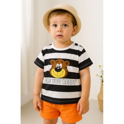 طقم قطعتين للأطفال لون أسود وأبيض وبرتقالي