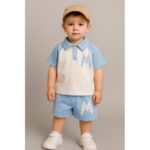 طقم قطعتين للأطفال لون أبيض وأزرق