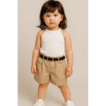 طقم للأطفال قطعتين لون أبيض وبيج مع قشاط