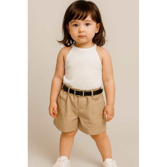 103387694_689c4a098b76a طقم للأطفال قطعتين لون أبيض وبيج مع قشاط - الصورة 1