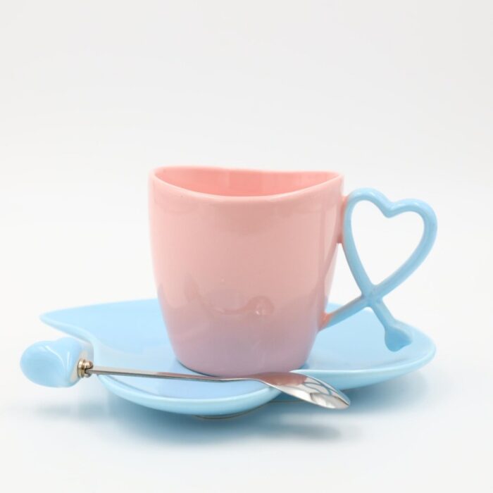 ⁦مج بورسلان لون زهري وأزرق مع صحن وملعقة⁩ - الصورة ⁦2⁩