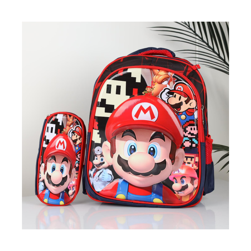 ⁦شنطة مدرسة بتصميم سوبر ماريو مقاس 16 انش لون كحلي⁩ - الصورة ⁦1⁩