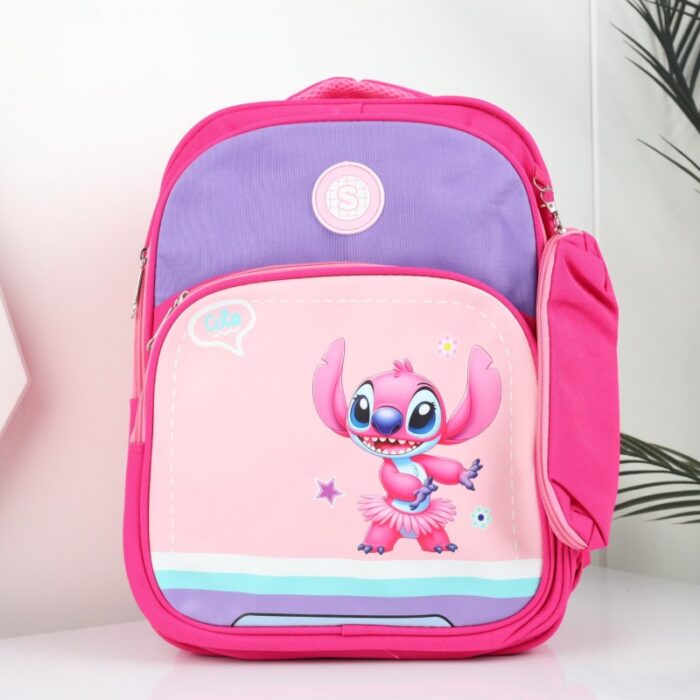 ⁦شنطة مدرسة مع مقلمة بتصميم ستيش مقاس 15 انش لون زهري⁩ - الصورة ⁦2⁩