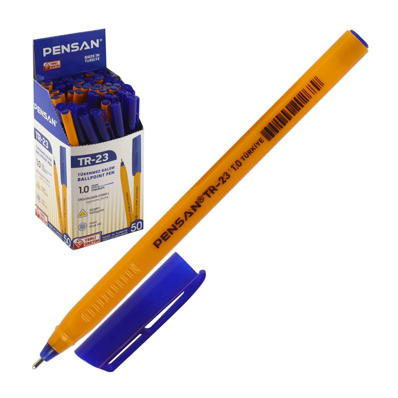 ⁦علبة أقلام حبر مثلث أزرق Pensan موديل TR-23 ( 50 قلم ) 1مم⁩ - الصورة ⁦1⁩