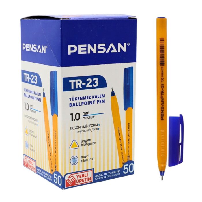 ⁦علبة أقلام حبر مثلث أزرق Pensan موديل TR-23 ( 50 قلم ) 1مم⁩ - الصورة ⁦2⁩