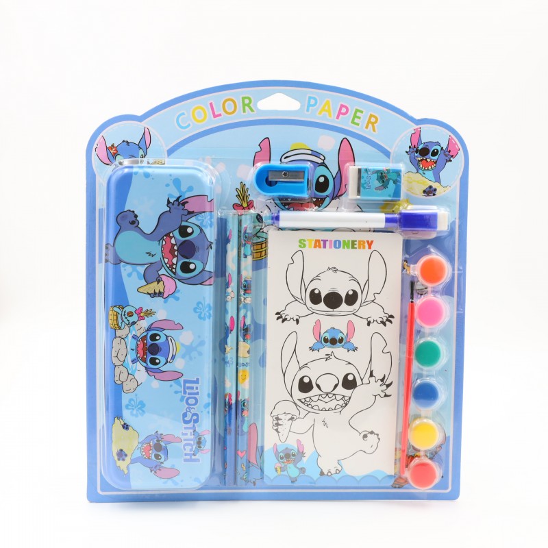 ⁦بكج قرطاسية شخصية Lilo ستيش 9 قطع ( قلمين رصاص + مقلمة + ممحاة + مبراة + دفتر تلوين + قلم لوح + علبة الوان مائية + ريشة تلوين )⁩ - الصورة ⁦1⁩