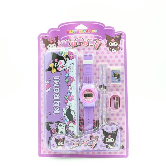 103388029_68a17ac024bd7 بكج قرطاسية Kuromi 6 قطع ( ممحاة + مبراة + قلمين + ساعة + مقلمة ) بنفسجي - الصورة 1