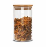 مرتبان زجاج اسطواني مع غطاء بامبو قطر 8سم وارتفاع 10.5 سم