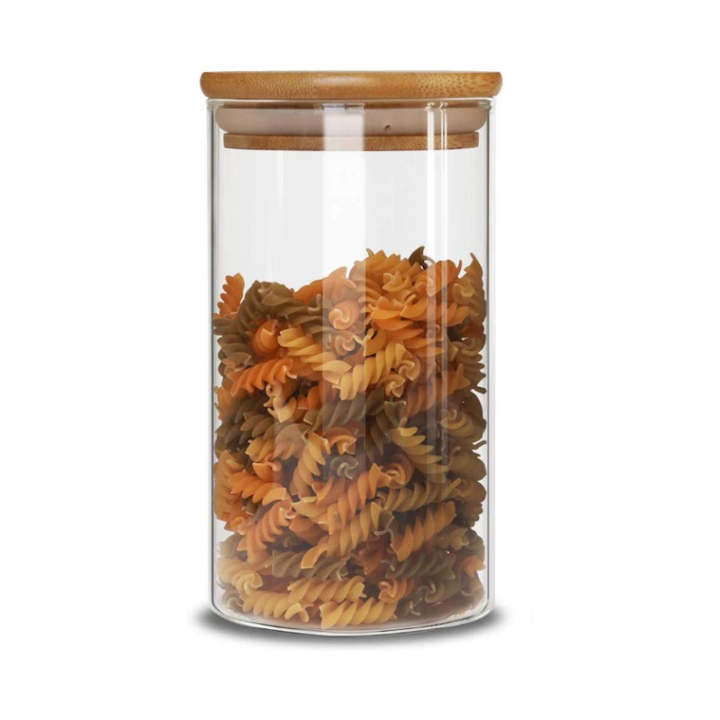 ⁦مرتبان زجاج اسطواني مع غطاء بامبو قطر 8سم وارتفاع 10.5 سم⁩ - الصورة ⁦1⁩