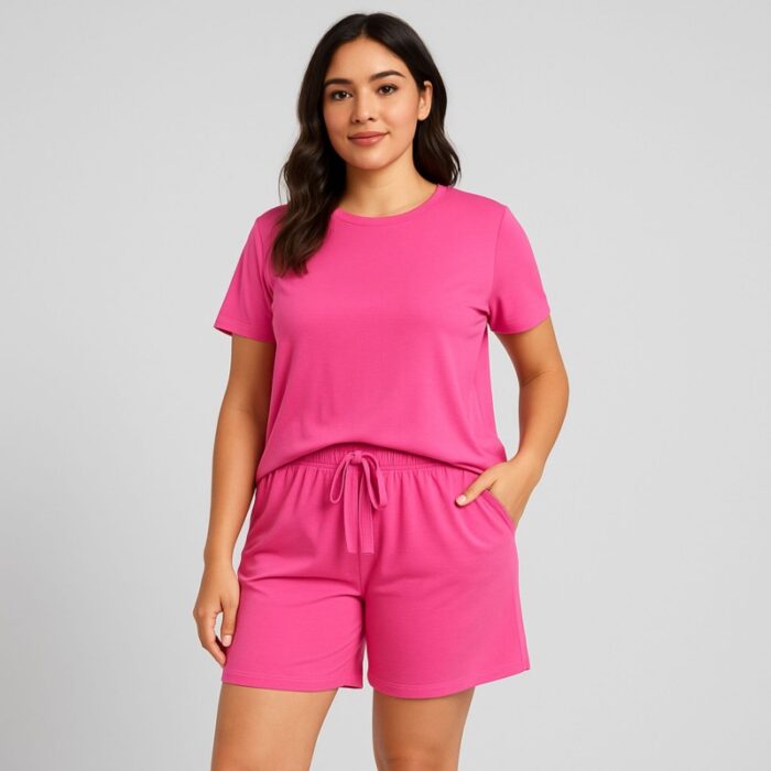 103388415_68a83bbdb724b بيجامة صيفية بيتية شورت وبلوزة للنساء لون زهري one Size - الصورة 1