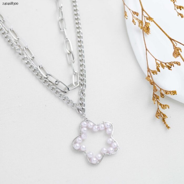 103388664_68a83eea83d54 سلسال جنزير طبقتين مع تعليقة نجمة مع لولو لون فضي كفالة سنتين ضد تغير اللون - الصورة 1