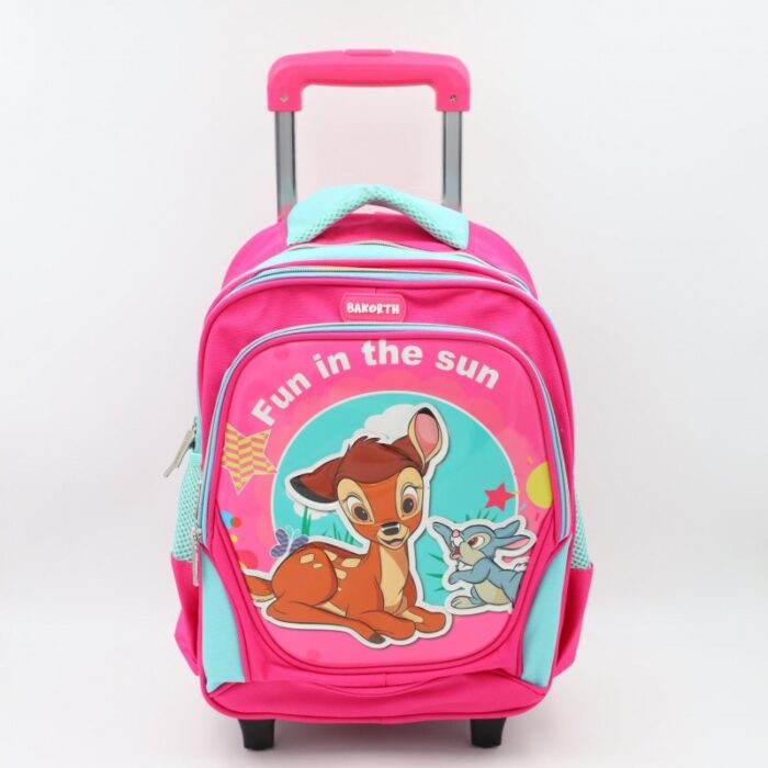 ⁦حقيبة مدرسية عجل بتصميم غزال حجم 16 انش لون فوشي⁩ - الصورة ⁦2⁩