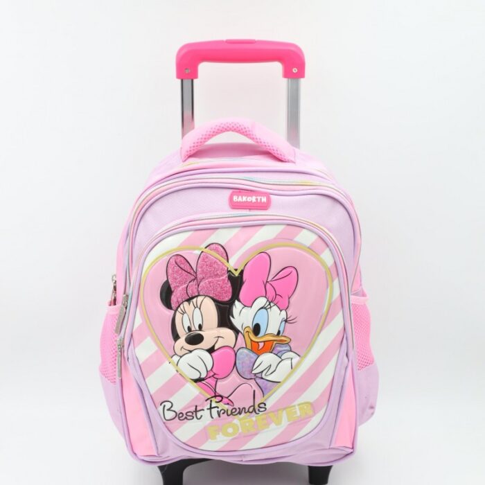 ⁦حقيبة مدرسية عجل بتصميم ميني ماوس حجم 14 انش لون زهري⁩ - الصورة ⁦2⁩