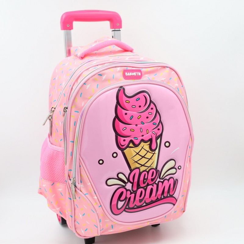 ⁦حقيبة مدرسية عجل بتصميم ايس كريم حجم 16 انش لون زهري⁩ - الصورة ⁦1⁩