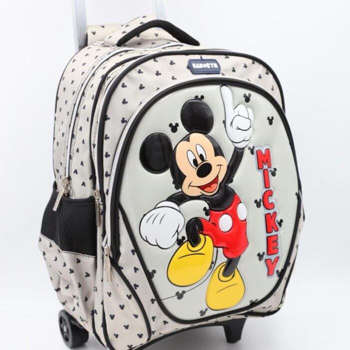 ⁦حقيبة مدرسية عجل بتصميم ميكي ماوس حجم 16 انش لون سكني⁩ - الصورة ⁦4⁩