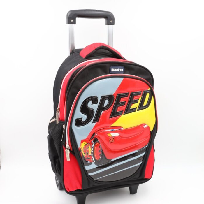 ⁦حقيبة مدرسية عجل بتصميم سيارة حجم 16 انش لون سكني⁩ - الصورة ⁦2⁩