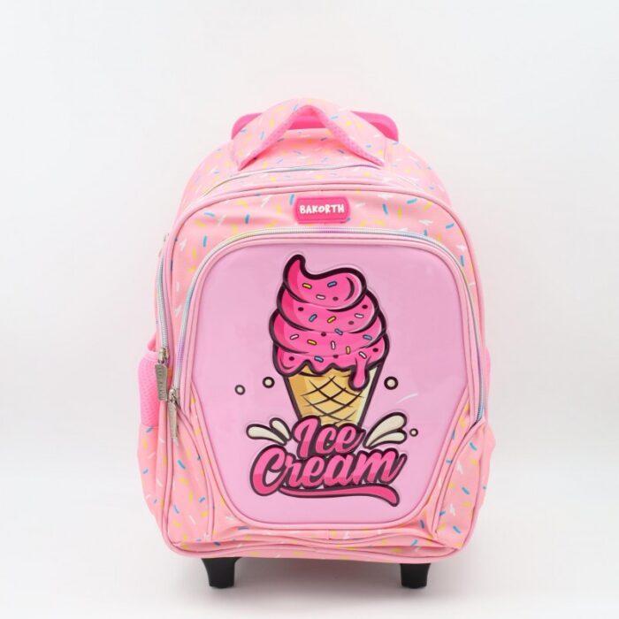 ⁦حقيبة مدرسية عجل بتصميم ايس كريم حجم 14 انش لون زهري⁩ - الصورة ⁦2⁩