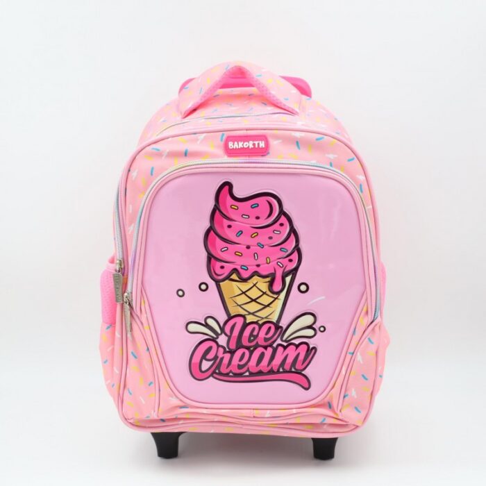 ⁦حقيبة مدرسية عجل بتصميم ايس كريم حجم 14 انش لون زهري⁩ - الصورة ⁦3⁩