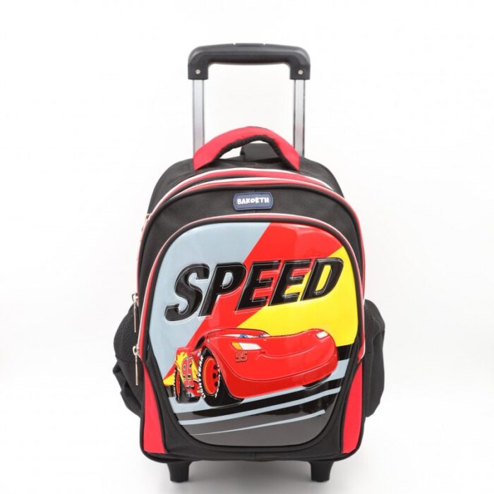 ⁦حقيبة مدرسية عجل بتصميم سيارة حجم 14 انش لون أسود⁩ - الصورة ⁦2⁩