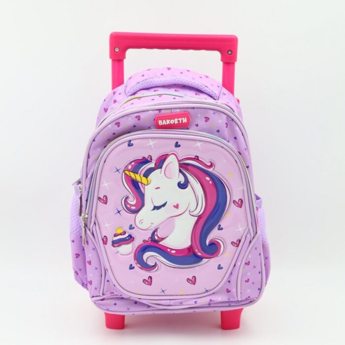⁦حقيبة مدرسية عجل بتصميم يونيكورن حجم 14 انش لون بنفسجي⁩ - الصورة ⁦2⁩