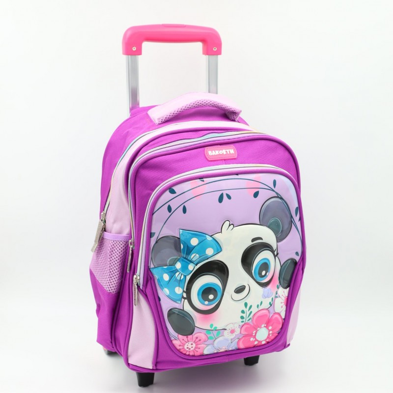 ⁦حقيبة مدرسية عجل بتصميم باندا حجم 14 انش لون بنفسجي⁩ - الصورة ⁦1⁩