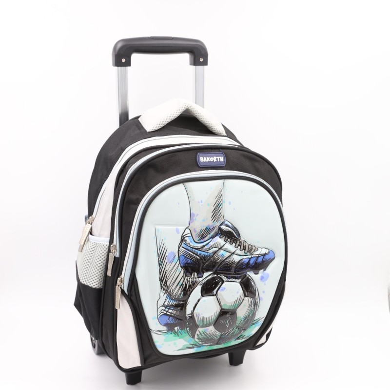 ⁦حقيبة مدرسية عجل بتصميم كرة قدم حجم 14 انش لون أسود⁩ - الصورة ⁦1⁩