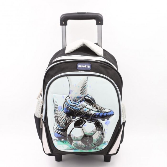 ⁦حقيبة مدرسية عجل بتصميم كرة قدم حجم 14 انش لون أسود⁩ - الصورة ⁦2⁩