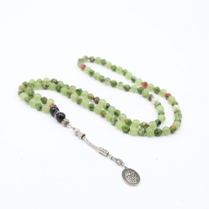 ⁦مسبحة عقيق موشح أخضر مع حجر العقيق الأخضر السادة 99 حبة⁩ - الصورة ⁦2⁩